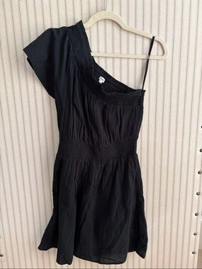 Aerie Black One-Shoulder Smocked-Waist Mini Dress